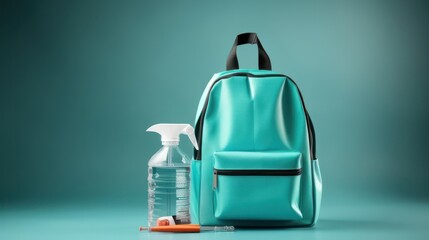 Elementary school student's backpack, with a bottle of hand sanitizer