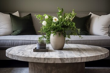 Marble Top Coffee Table Elegance: Rustic Designs Against Stone Wall with Greenery Touch