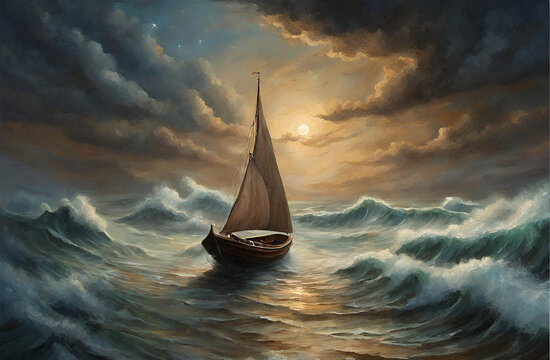 Pintura de um barco de pesca a deriva em alto mar.