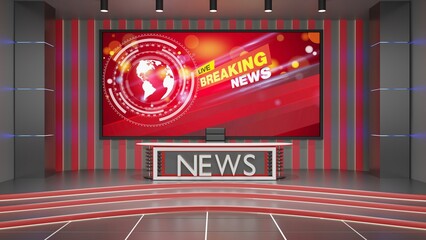 white table and lcd background in a news studio room.3d rendering.	