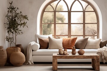 Fototapeta premium Terracotta Accents: Mediterranean Vibes Wood Stump Side Table Ideas with Arched Windows