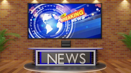 white table and lcd background in a news studio room.3d rendering.	