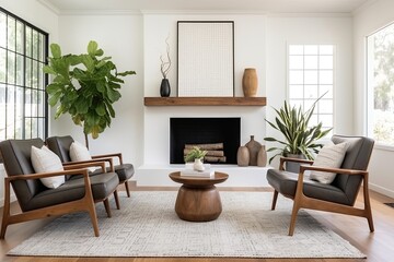 Minimalist Elegance: Mid-Century Leather Armchair Living Space with Geometric Rug and Wood Accents