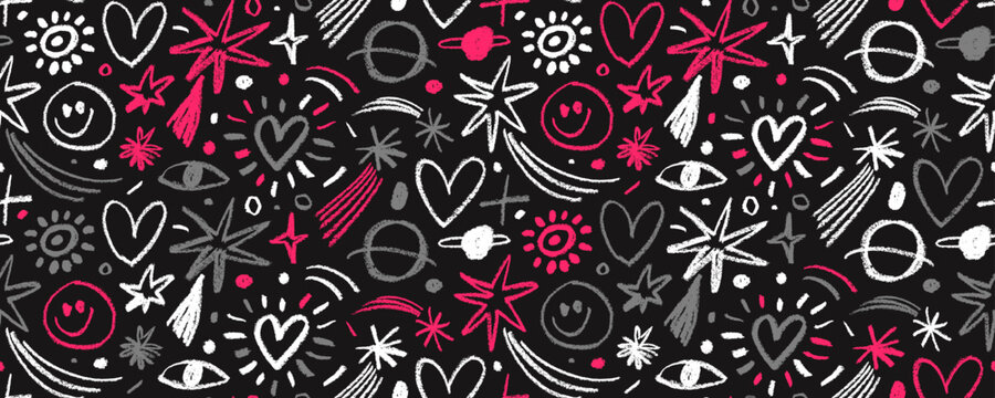 Nursery cute seamless pattern with colorful charcoal crescent moon, stars, planets and hearts.