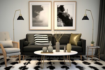 Retro Monochrome Elegance: Minimalist Living Room with Vintage Charm