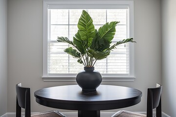 Greenery Elegance: Minimalist Tropical Plant Decor on Black Dining Table