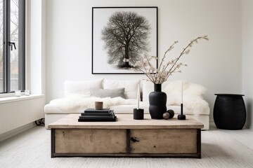 Minimally Elegant Living Space: Scandinavian Boho White Walls & Black Coffee Table