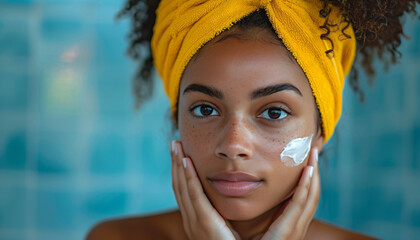 Portrait of a young African American applying face cream. woman with a swatch of face cream on her cheek 