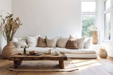 Bohemian Minimalist Elegance: Cozy Cushions and Rattan Rug in a Light-Filled Living Space