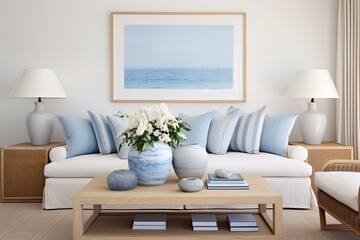 Fototapeta premium Coastal Blue Bliss: Minimalist Rattan-Inspired Living Spaces with Fresh Elegance