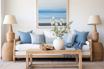 Coastal Blue Bliss: Minimalist Elegant Living Spaces with Rattan Furniture and Fresh Vibe