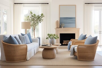 Fototapeta premium Coastal Elegance: Minimalist Living Spaces with Rattan Furniture and Blue Accents