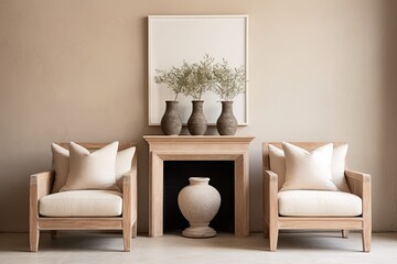 French Country Twist: Minimalist Living Spaces with Terra Cotta Vases and Fabric Lounge Chairs