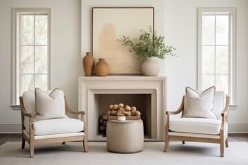 French Country Twist: Minimalist Living Spaces with Terra Cotta Vases and Fabric Lounge Chairs