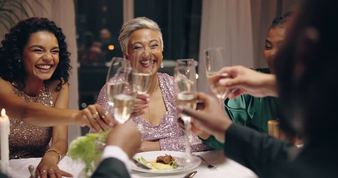 People, hands and champagne cheers for dinner event or social gathering, connection or party. Mature woman, guests and glass toast at gala celebration for congratulations wine, vacation or together