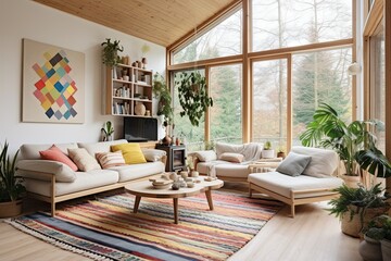 Scandinavian Boho Living Room with Wooden Details and Colorful Rug: Natural Ambiance