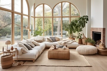 Fototapeta premium Natural Light Bliss: Scandinavian Boho Living Room Extravaganza with Large Windows and Rattan Furnishings