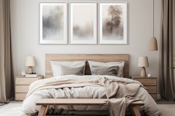 Fototapeta na wymiar Grey Wall Art Poster Ideas: Serene Minimalist Designs for a Neutral Bedroom Palette