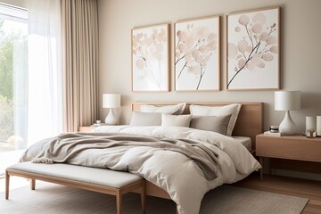 Neutral Color Palette Bedroom Designs: Minimalist Style, Wooden Furniture, Cozy Bedding for a Serene Atmosphere
