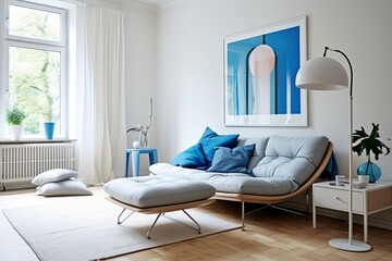 Blue Accents: Nordic Minimalist Living Room with Modern Design and Blue Door