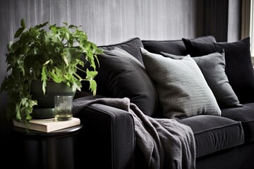 Nordic Touch: Greenery Accents & Velvet Upholstered Sofa Inspo in Black and White