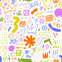 Fototapeta premium Multi colored charcoal pencil shapes and doodles seamless pattern. Hand drawn vector quirky shapes in punk or childish style. Naive playful abstract charcoal scribbles. Doodles and curved lines.
