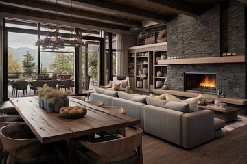 Natural Textures and Stone Accents in Cozy Fireplace: Inspiring Open Concept Living and Dining Room Designs with Wood Elements