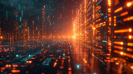 A digital cityscape featuring a web of interconnected screens and charts symbolizes the global reach and accessibility of online trading and brokerage services. The futuristic