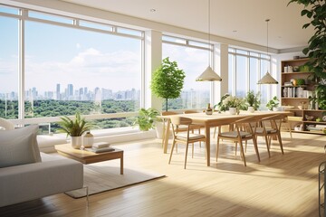 Sunny Interiors and Airy Decor: Inspiring Open Concept Living and Dining Room Designs with Floor-to-Ceiling Windows and Indoor Plants