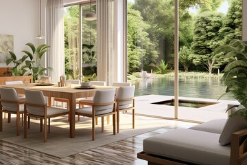 Obraz premium Nature-Inspired Serenity: Open Concept Living and Dining Room Designs with Minimalist Furniture and Water Feature