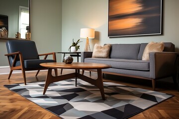 Fototapeta premium Geometric Bliss: Retro Inspired Living Room Interiors with Modern and Vintage Blend