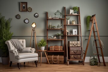 Vintage Farmhouse: Retro Inspired Living Room with Wooden Ladder Shelf, Vintage Suitcases, and Rustic Elements