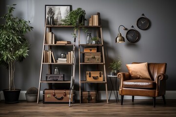 Farmhouse Vibes: Vintage Suitecase Decor with Retro Wooden Ladder Shelf in Rustic Living Room Setting