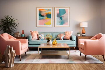 Retro Chic: Mid-Century Modern Living Room with Pastel Cushions & Art Deco Twist