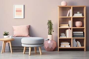 Scandinavian Chic: Retro Inspired Living Room with Wooden Stool and Pastel Tones