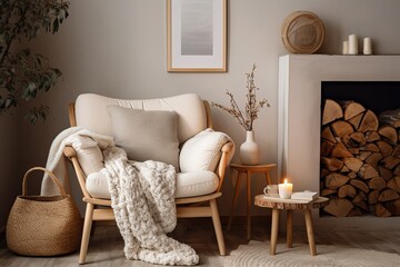 Retro Nordic Chic: White Palette Living Room with Cozy Wooden Elements and Throw Blankets