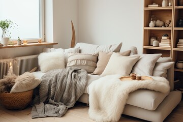 Retro Nordic Cozy Corner: White Palette Living Room with Wooden Elements and Throw Blankets