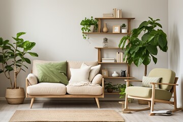Retro Scandinavian Minimalism: Wooden Shelf Living Room with Green Plants