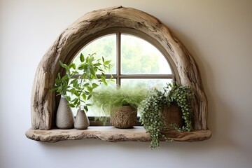 Rustic Charm: Arched Window Stucco Wall Decor with Wooden Stump Side Table and Green Plant Accents