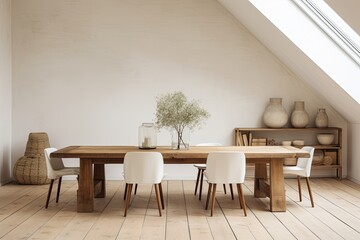 Rustic Minimalist Living Interiors: Dining Area with Wooden Table and White Chairs
