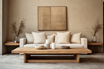 Rustic Minimalist Living Interiors: Beige Sofa Lounge with Wooden Coffee Table