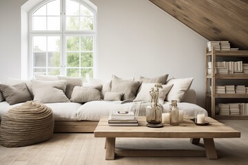 Fototapeta na wymiar Scandinavian Rustic Minimalism: White Decor & Wooden Accents in Living Interiors