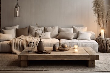 Rustic Scandinavian Room: Square Coffee Table Inspirations with Beige Textiles and Warm Lighting