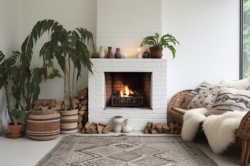Minimalist Scandinavian Boho Living Room with Bohemian Fireplace Decor