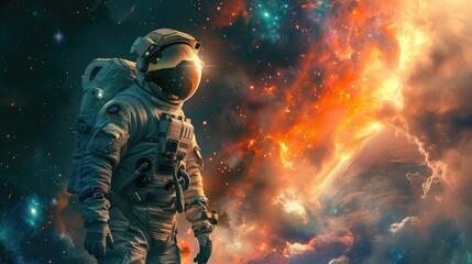 Fototapeta premium Astronaut explores space being desert planet. Astronaut space suit performing extra cosmic activity space against stars and planets background