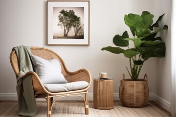 Scandinavian Boho Living Room: Rattan Chair, Green Plant, Art Deco Poster Bliss