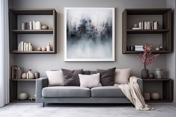Modern Shelving Unit Designs and Grey Wall Art Poster Ideas for Decorative Accents in a Stylish Living Space