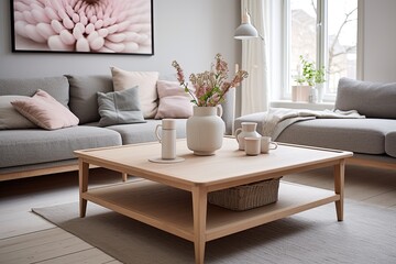 Square Coffee Table Inspirations: Scandinavian Living Room with Light Wood and Cozy Textiles