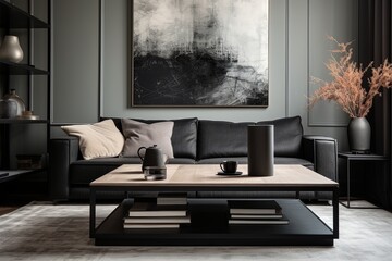 Square Coffee Table Grey Wall Art Urban Apartment Inspo with Sleek Black Table