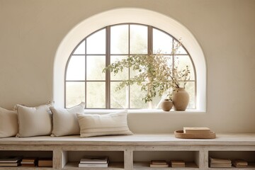 Maximizing Natural Light: Sunny Room with Arched Window, Neutral Stucco Wall Decor
